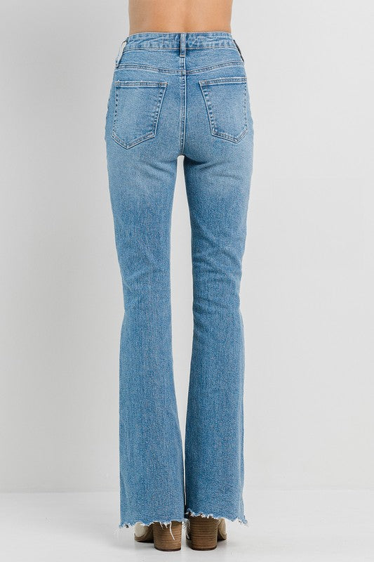 Blue Denim Low Rise Flared Leg Frayed Jeans