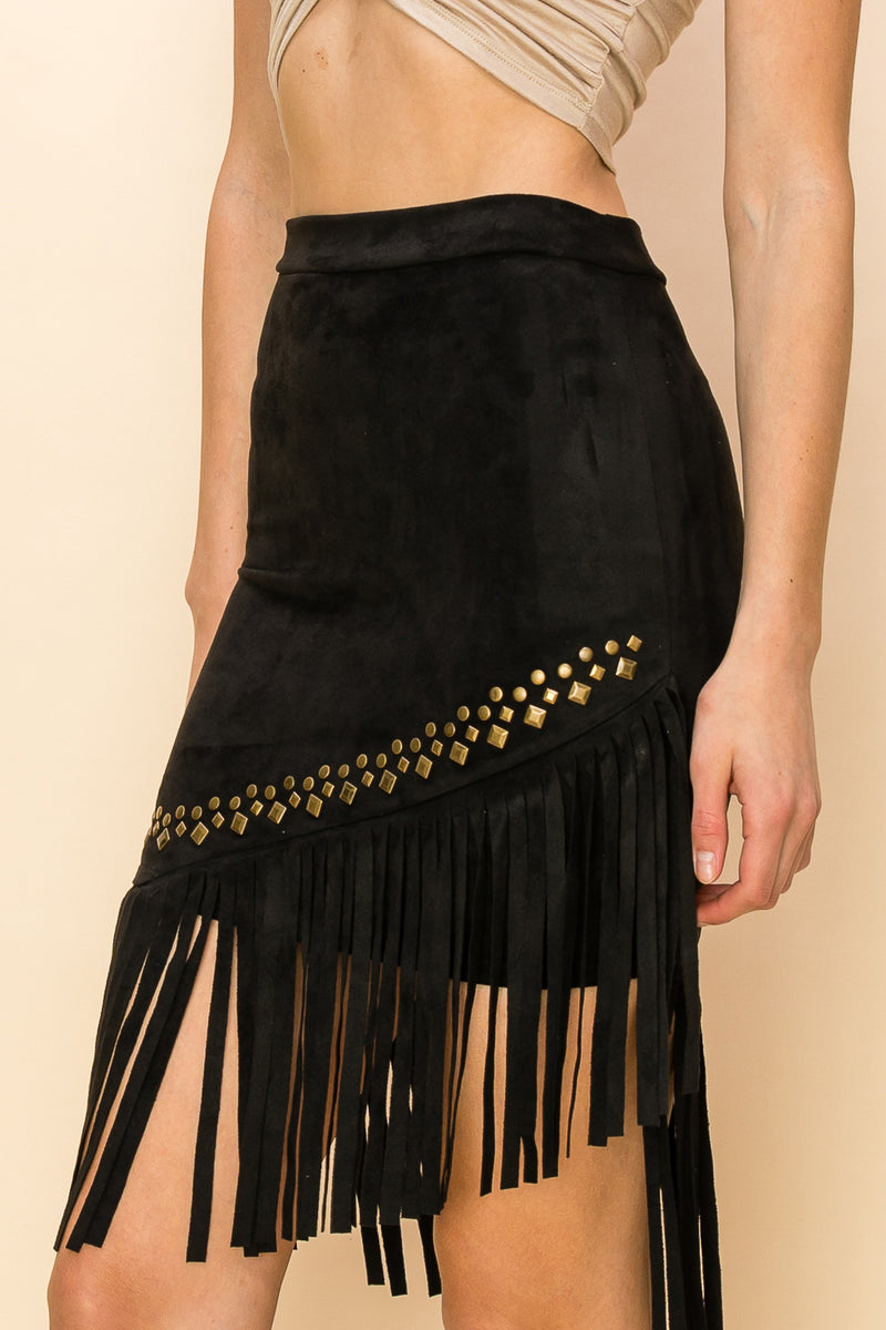 Stud Embellished Fringe Suede Skirt Black