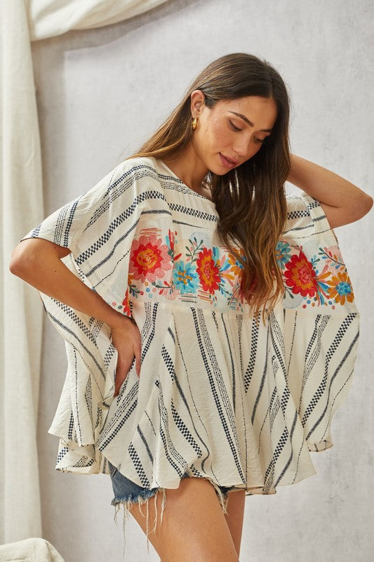 Floral Embroidered SJ Poncho Top - Taupe/Blue