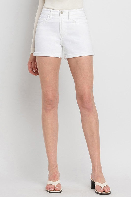 High Rise Double Cuff Denim Shorts - White