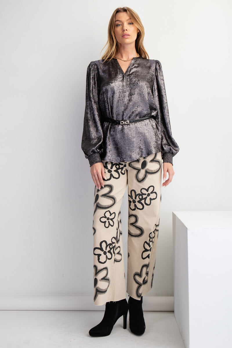 Large Flower Print Washed Out Wide Leg Twill Pants – Haute