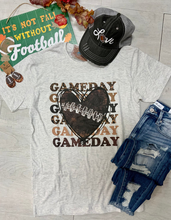 Game Day Heart Football Graphic Tee - Heather Grey