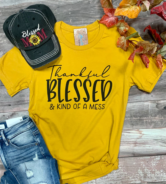 Thankful Blessed and Mess Graphic Tee - Honey