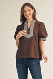 Striped Trim Split-Neck Puff Sleeve Top