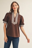 Striped Trim Split-Neck Puff Sleeve Top