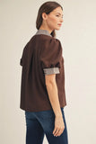Striped Trim Split-Neck Puff Sleeve Top