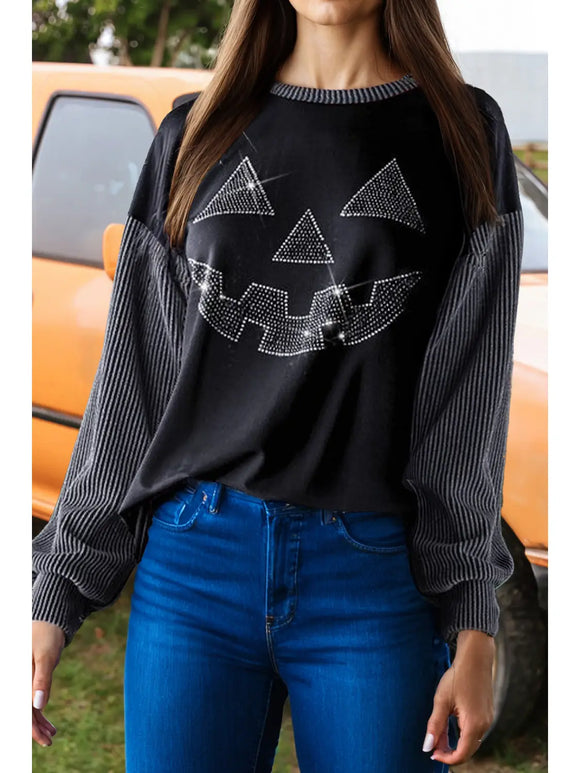 Rhinestone Pumpkin Face Ribbed Long Sleeve Patch Top