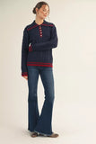 Striped Trim Cable Knit Button Collar Sweater