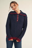 Striped Trim Cable Knit Button Collar Sweater