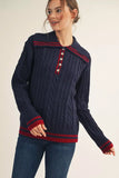 Striped Trim Cable Knit Button Collar Sweater