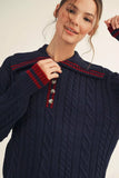 Striped Trim Cable Knit Button Collar Sweater