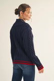 Striped Trim Cable Knit Button Collar Sweater