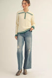 Striped Trim Cable Knit Button Collar Sweater