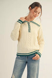 Striped Trim Cable Knit Button Collar Sweater