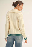 Striped Trim Cable Knit Button Collar Sweater