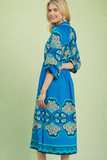 Mosaic Border Puff Sleeve Midi Dress
