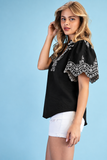 Scalloped Embroidered Flutter Sleeve Blouse- Black