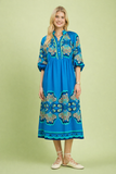 Mosaic Border Puff Sleeve Midi Dress