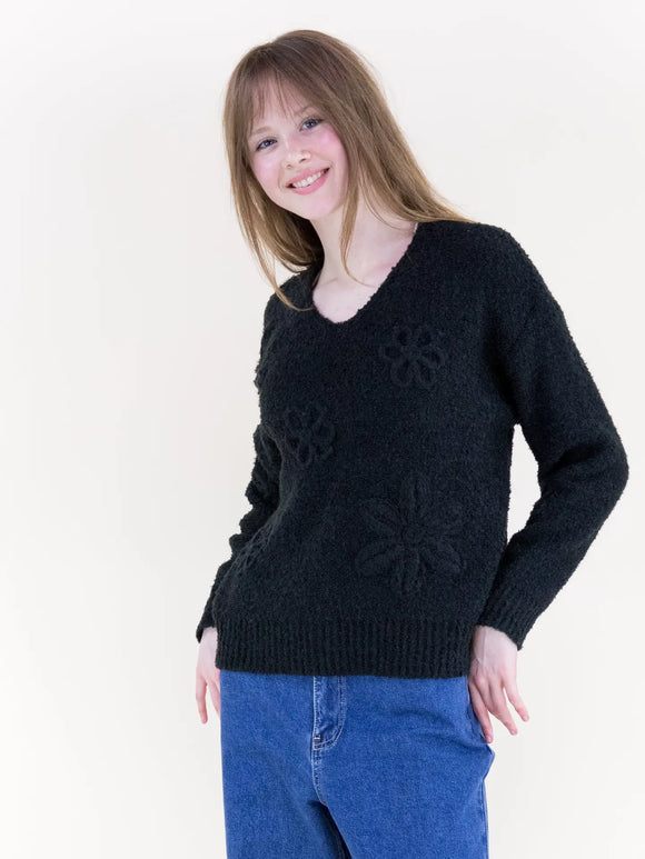 Boucle Floral Applique V-neck Sweater