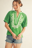 Sienna Embroidered Puff Sleeve Top- Kelly Green
