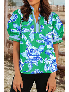 Accent Trimmed Split Neck Blouse - Green/Blue Floral