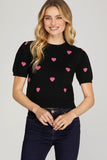 Puff Sleeve Heart Pattern Cropped Sweater