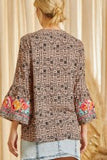 Natalia Embroidered 3/4 Bell Sleeve Boho Top - Aztec Mocha