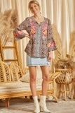 Natalia Embroidered 3/4 Bell Sleeve Boho Top - Aztec Mocha