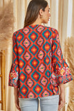 Natalia Embroidered 3/4 Bell Sleeve Boho Top - Aztec Rust
