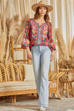 Natalia Embroidered 3/4 Bell Sleeve Boho Top - Aztec Rust