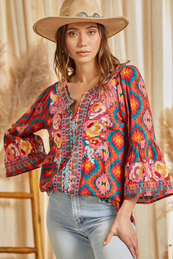 Natalia Embroidered 3/4 Bell Sleeve Boho Top - Aztec Rust