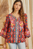 Natalia Embroidered 3/4 Bell Sleeve Boho Top - Aztec Rust