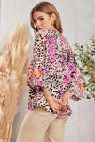 Natalia Embroidered Bell Sleeve Boho Top - Pink Leopard