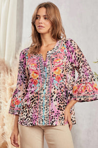 Natalia Embroidered Bell Sleeve Boho Top - Pink Leopard