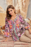 Natalia Embroidered Bell Sleeve Boho Top - Pink Leopard