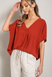 Pleated Front Deep V Blouse