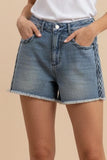 Braided Detail Frayed Hem Denim Shorts- Blue