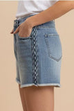 Braided Detail Frayed Hem Denim Shorts- Blue