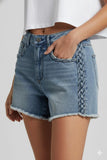 Braided Detail Frayed Hem Denim Shorts- Blue