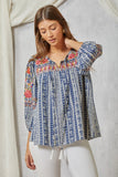 Tassel Tie 3/4 Sleeve Embroidered Striped Babydoll Top - Navy/White