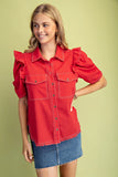 Calla Gathered Sleeve Soft Denim Button Up Top