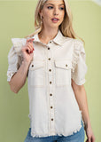 Calla Gathered Sleeve Soft Denim Button Up Top