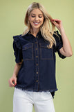 Calla Gathered Sleeve Soft Denim Button Up Top