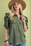 Calla Gathered Sleeve Soft Denim Button Up Top