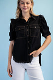 Calla Gathered Sleeve Soft Denim Button Up Top