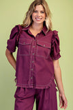 Calla Gathered Sleeve Soft Denim Button Up Top
