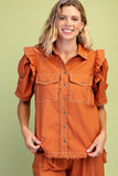 Calla Gathered Sleeve Soft Denim Button Up Top