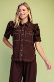 Calla Gathered Sleeve Soft Denim Button Up Top