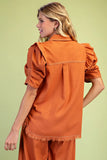 Calla Gathered Sleeve Soft Denim Button Up Top