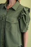 Calla Gathered Sleeve Soft Denim Button Up Top